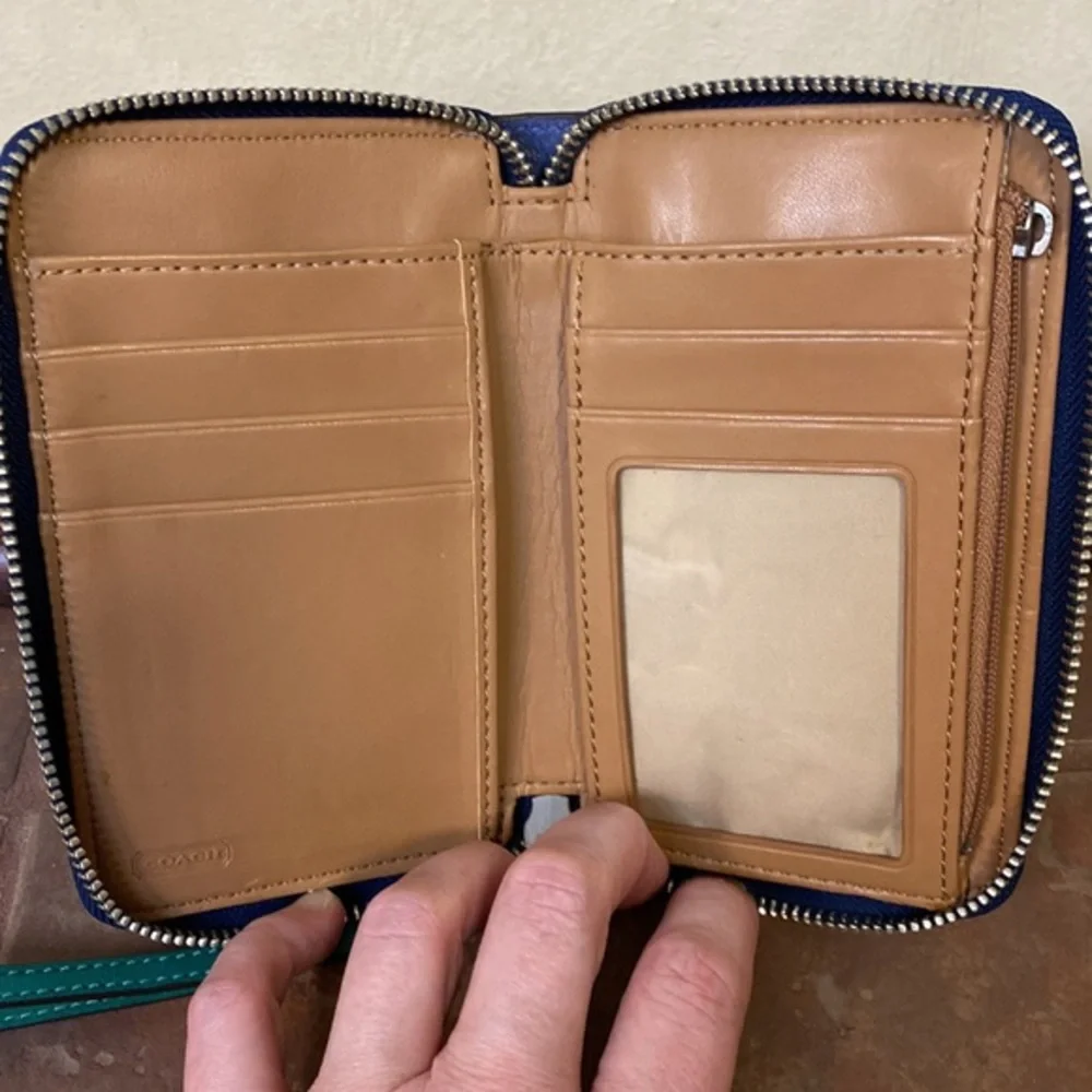 Coach Parker Tri-Color Leather Wristlet Wallet in Teal, White & Blue